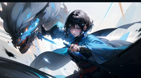 Anime characters with swords and dragons in the background, Artgerm and Atey Ghailan, by Yang J, Badass anime 8 K, Epic anime style, style of anime4 K, Guviz-style artwork, Guweiz on ArtStation Pixiv, demon slayer rui fanart, Digital anime art, black-haire...