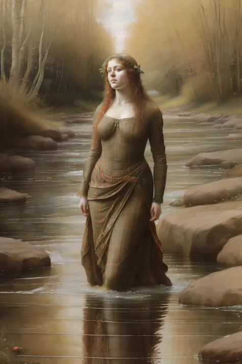 (((The Pre-Raphaelite painting of the Celtic nymph covered in plaid fabrics comes out of the waters of a river and eats hazelnuts, muitas aveleiras nas margens, ondina)))