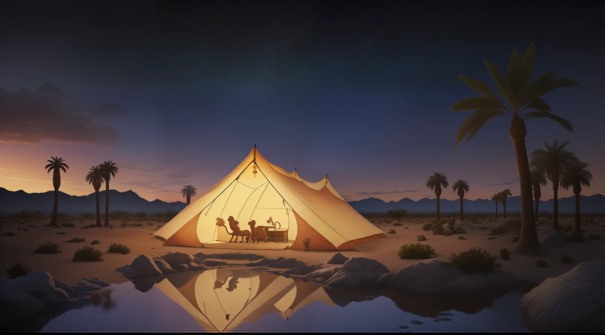 high details, best quality, 8k, [ultra detailed], masterpiece, best quality, phtorealism (extremely detailed), picture of a desert oasis at sunset (intricate details, Masterpiece, best quality: 1.5), palm trees, small stream of water, a camel drinking from the stream (intricate details, Masterpiece, best quality: 1.5), a large nomads tent at the oasis (intricate details, Masterpiece, best quality: 1.5), colorful tent, night sky filled with stars, night light, dim light, high details, best quality, highres, ultra wide angle