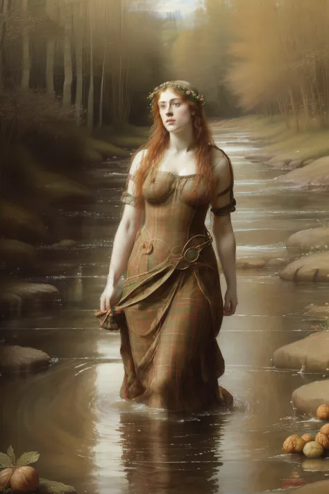 (((The Pre-Raphaelite painting of the Celtic nymph covered in plaid fabrics comes out of the waters of a river and eats hazelnuts, muitas aveleiras nas margens, ondina)))