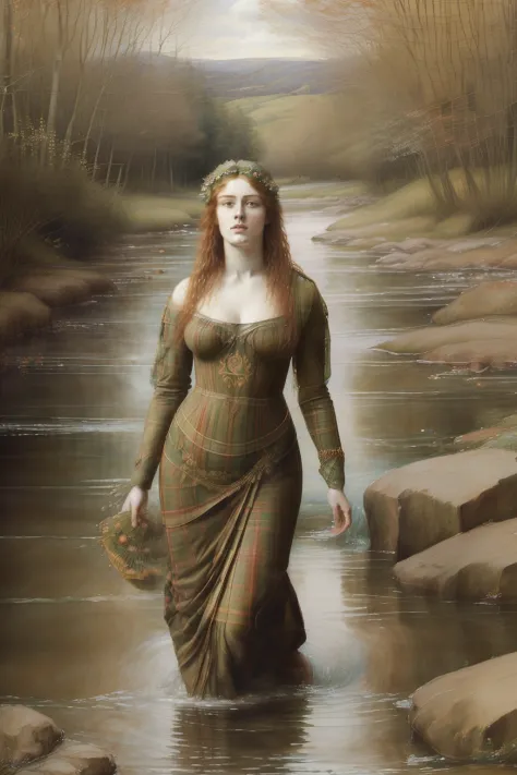 (((The Pre-Raphaelite painting of the Celtic nymph covered in plaid fabrics comes out of the waters of a river and throws hazelnuts into the water, muitas aveleiras nas margens, ondina)))