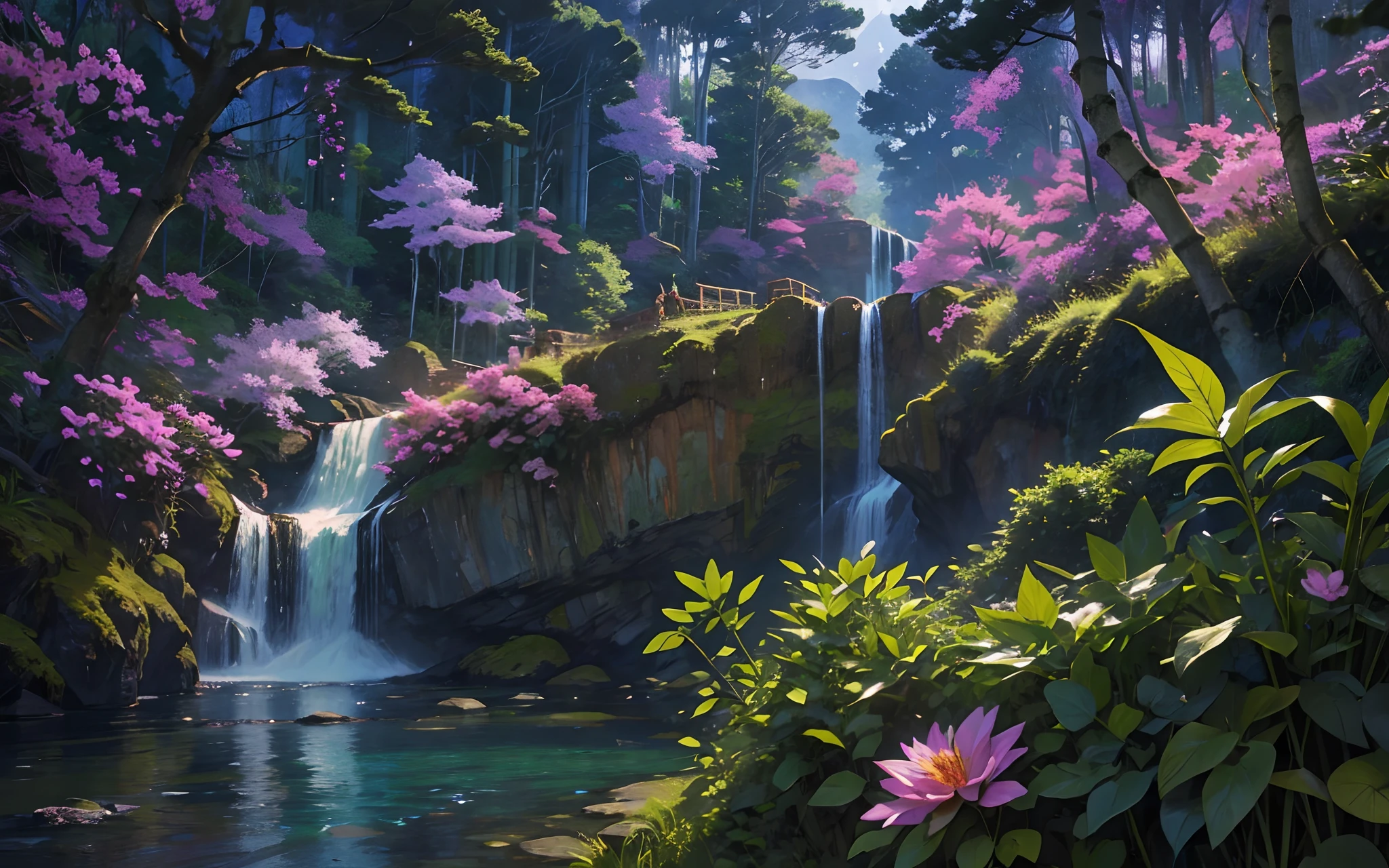 Masterpiece, best quality, 8K, high res, ultra-detailed, A scene of a waterfall cascading down a high cliff amongst lush greenery, adorned by vibrant flowers, towering pines, and delicate bamboo groves,no humans, sakura, beautiful view, ultra-detailed, fine detailed, highly detailed, intricate, highly detailed, ultra-detailed, scenery,no humans, lush green mountains, winding rivers, misty atmosphere, solitary, intricate details, delicate features, verdant trees, blooming flowers, druid's circle, soft moss, deep forest, intricate leaves and vines, wisps of light, still pool of water, pristine, verdant green, A picturesque scene of a waterfall cascading down a high cliff amongst lush greenery, adorned by vibrant flowers, towering pines, and delicate bamboo groves.