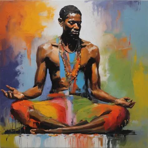 Artistic painting of very slim man, goatee, necklace around neck, both arms raised, sitting in meditation pose, black background