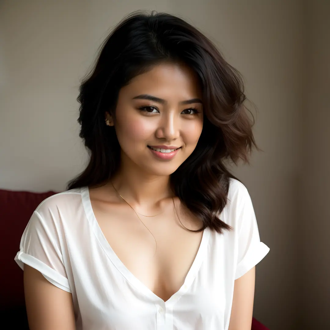 Alafed asian woman in white shirt sitting on sofa, medium portrait soft light, 7 0 mm portrait, 60mm portrait, beautiful portrait lighting, portrait soft low light, portrait soft light, beautiful mexican woman, beautiful young woman, with a seductive smile...
