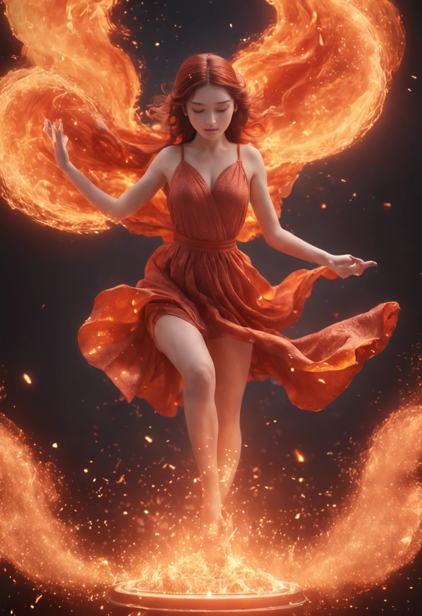 Step into a captivating scene featuring an anime girl seated on a floating platform, as vibrant fire particles ignite the air around her, creating a dazzling and dynamic atmosphere. The creative lighting style bathes her in a radiant, fiery glow, harmonizing with the swirling fire particles. Crafted with exquisite detail and rendered in breathtaking 10k high resolution, this masterpiece blends the art mediums of digital illustration, fire effects, particle simulation, and post-processing techniques. Drawing inspiration from the styles of Anime, Mystical Realism, and Contemporary Surrealism, it captures the fiery and ethereal beauty of an anime girl amidst the dancing flames, where fire particles elevate the sense of magic and wonder.