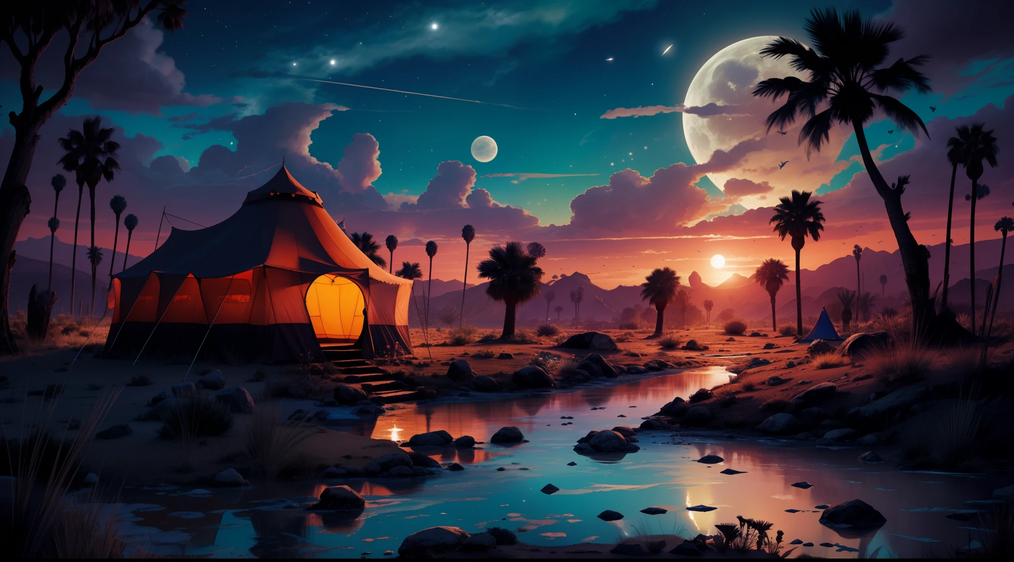 high details, best quality, 8k, [ultra detailed], masterpiece, best quality, phtorealism (extremely detailed), picture of a desert oasis in sunset (intricate details, Masterpiece, best quality: 1.5), palm trees, small stream of water, a camel drinking from the stream, a large tent at the oasis (intricate details, Masterpiece, best quality: 1.5), colorful tent, night sky filled with stars, night light, dim light, high details, best quality, highres, ultra wide angle fantasy_night