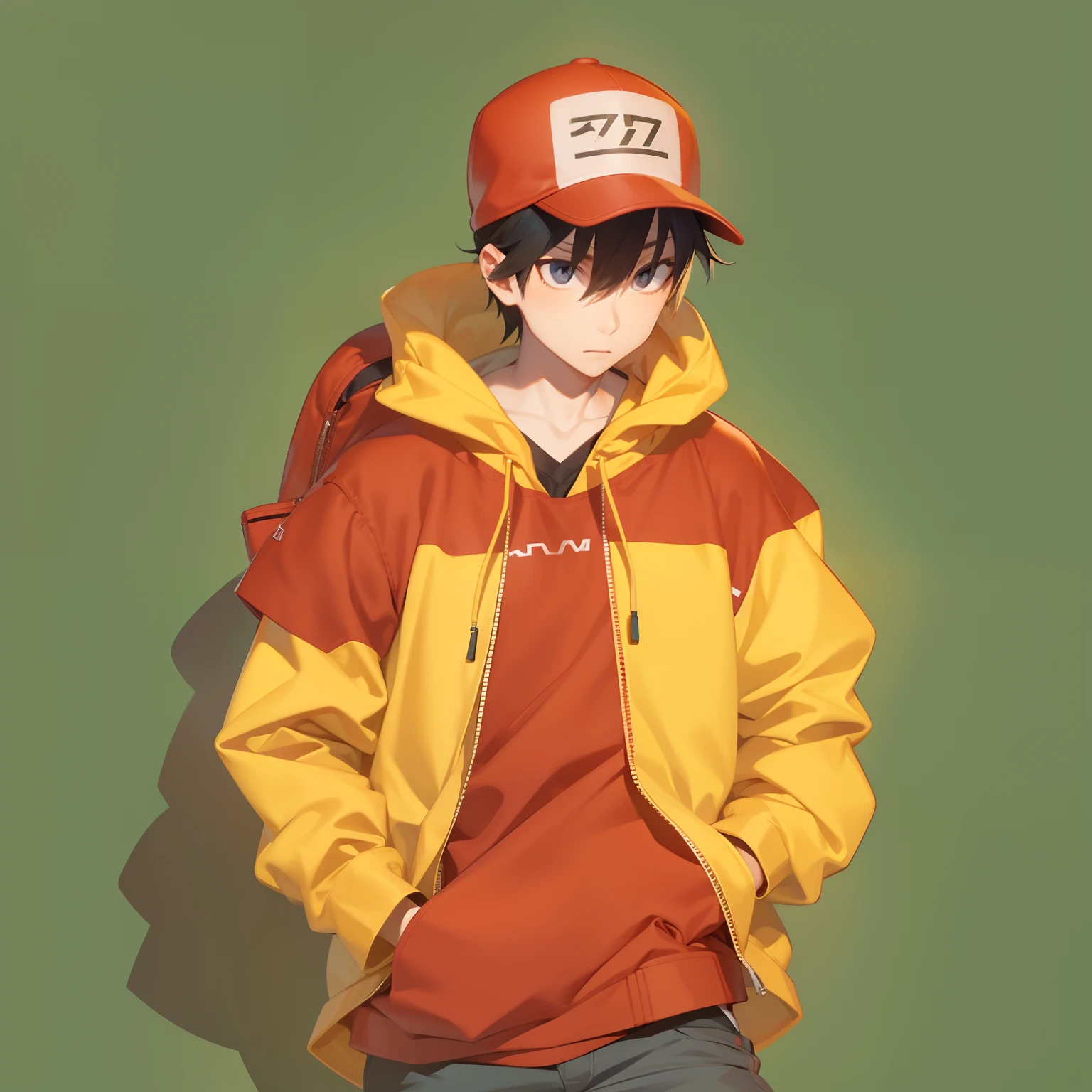 estilo animado, MASASHI KISHIMOTO, hombre con sudadera amarilla y gorra roja, cuerpo completo, Cabeza abajo, estilo animado, ilustración,