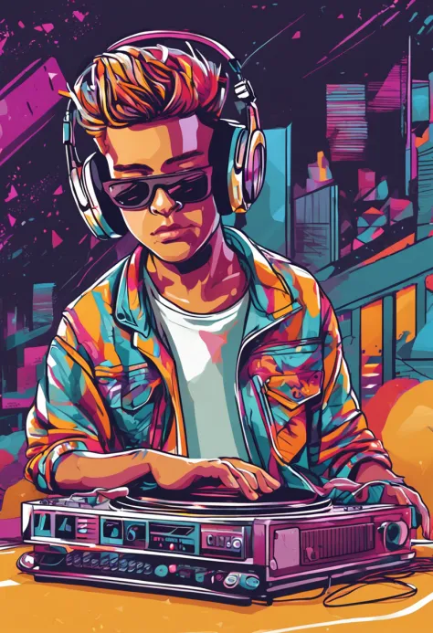 a DJ kid playing platinum vinyl at a festival, Centrado, isometric, vetor altamente detalhado , Colorful graffiti illustration, Usando fones de ouvido , face is covered by highly detailed, cor vibrante, High detail ,fundo branco