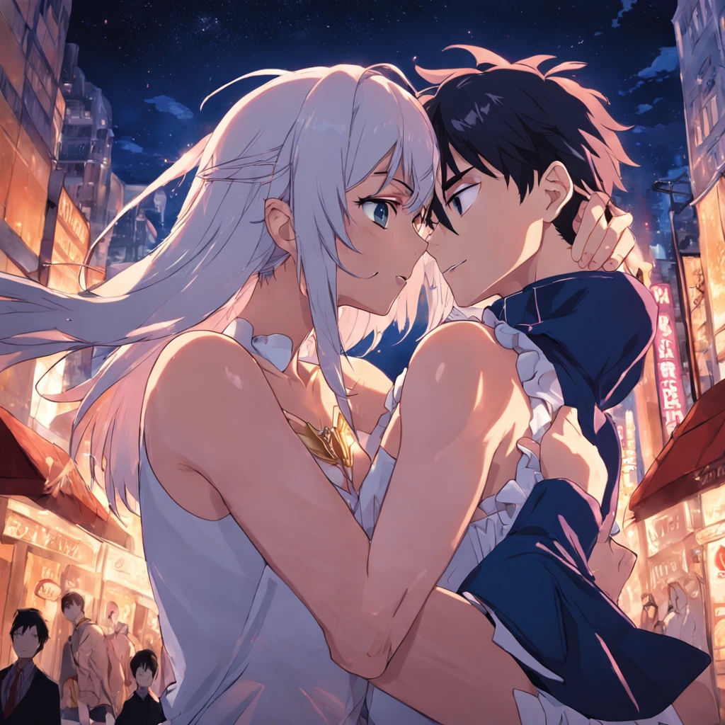 Casal de anime se beijando na cidade à noite - SeaArt AI