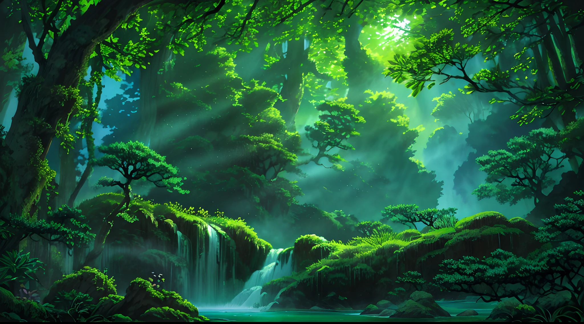 (digital painting),(best quality), enchanted forest, green, yellow, brown, Ukiyo-e art style, Lord of the Rings inspiration, Deviant Art popular, 8k ultra-realistic, earthy color scheme, soft lighting, golden hour, tranquil atmosphere, landscape orientation, Masterpiece, best quality, 8K, high res, ultra-detailed, beautiful night, mesmerising moonlight falling through the leaves, A scene of a waterfall cascading down a high cliff amongst lush greenery, adorned by vibrant flowers, towering pines, and delicate bamboo groves,no humans, sakura, beautiful view, ultra-detailed, fine detailed, highly detailed, intricate, highly detailed, ultra-detailed, scenery,no humans, lush green mountains, winding rivers, misty atmosphere, solitary, intricate details, delicate features, verdant trees, blooming flowers, druid's circle, soft moss, deep forest, intricate leaves and vines, wisps of light, still pool of water, pristine, verdant green, A picturesque scene of a waterfall cascading down a high cliff amongst lush greenery, adorned by vibrant flowers, towering pines, and delicate bamboo groves.