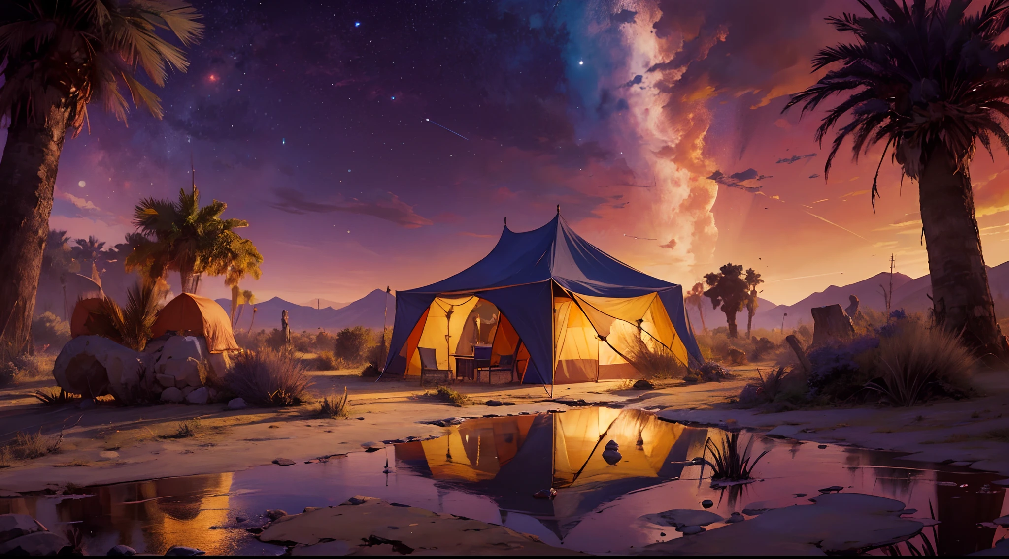 high details, best quality, 8k, [ultra detailed], masterpiece, best quality, phtorealism (extremely detailed), picture of a desert oasis in sunset (intricate details, Masterpiece, best quality: 1.5), palm trees, small stream of water, a camel drinking from the stream, a large tent at the oasis (intricate details, Masterpiece, best quality: 1.5), colorful tent, night sky filled with stars, night light, dim light, high details, best quality, highres, ultra wide angle fantasy_night