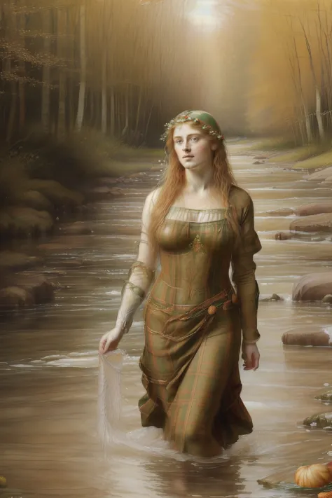 (((the pre-raphaelite painting of the blonde celtic nymph covered in plaid fabrics comes out of the waters of a river and throws...