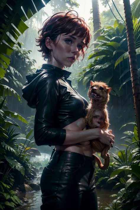 hot sophia lillis hunting alongside with a mini t rex next door jungle in background, rainy wet weather, soaking wet skin, raind...