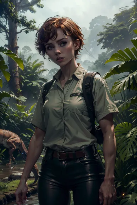 hot sophia lillis hunting alongside with a mini t rex next door jungle in background, rainy wet weather, soaking wet skin, raind...