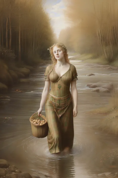 (((the pre-raphaelite painting of the blonde celtic nymph covered in plaid fabrics comes out of the waters of a river and carrie...