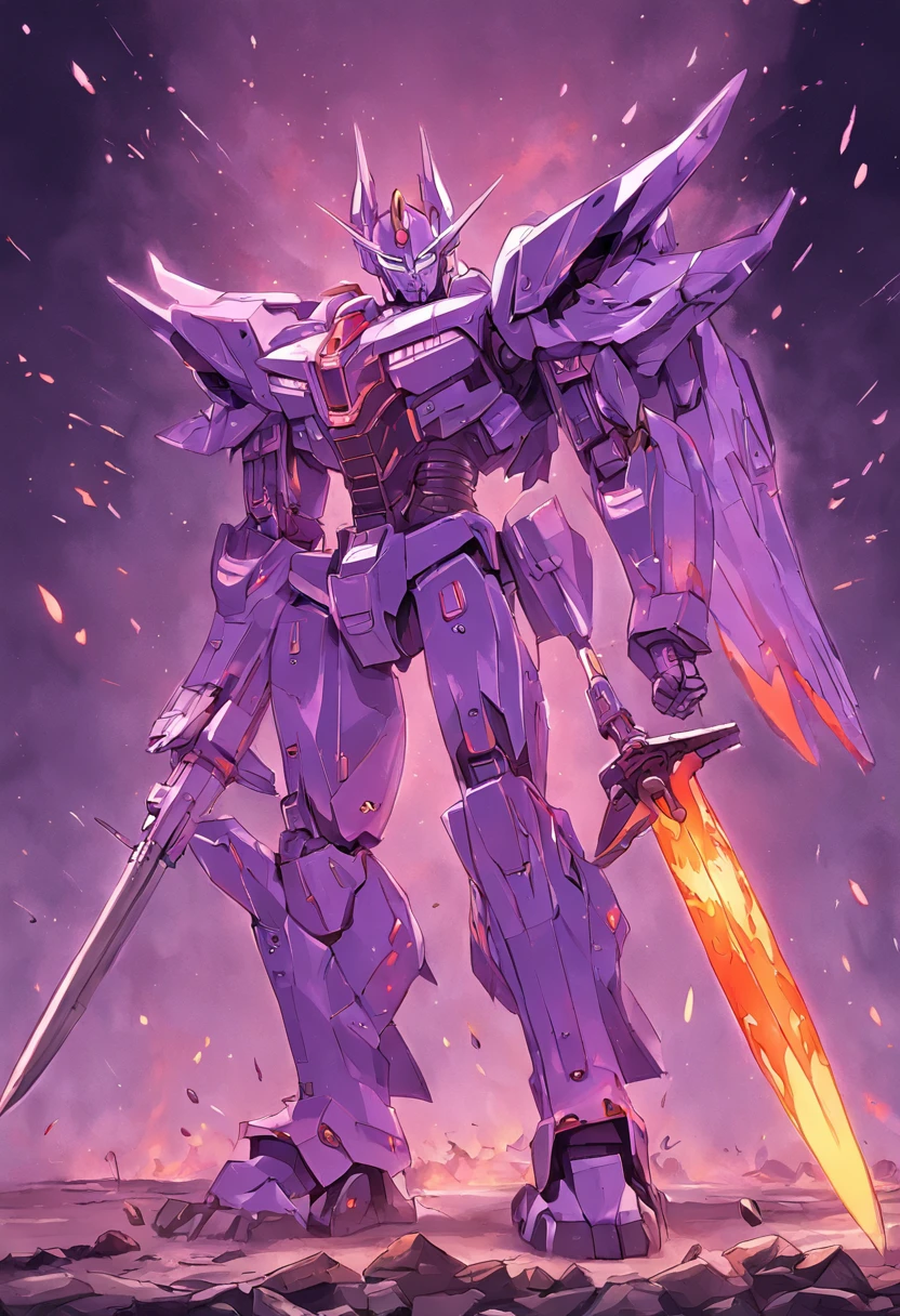 a drawing of a robot in purple color with a flaming sword with green fire and a knife, On his armor he has the coat of arms of Brazil, from transformers, transformers g1, Deus grego no estilo mecha, transform, transformers!!!!!!!!!!!!!, Optimus Prime, no shading, transforming into his final form, drawn on white parchment paper . This robot is shooting at an enemy helicopter