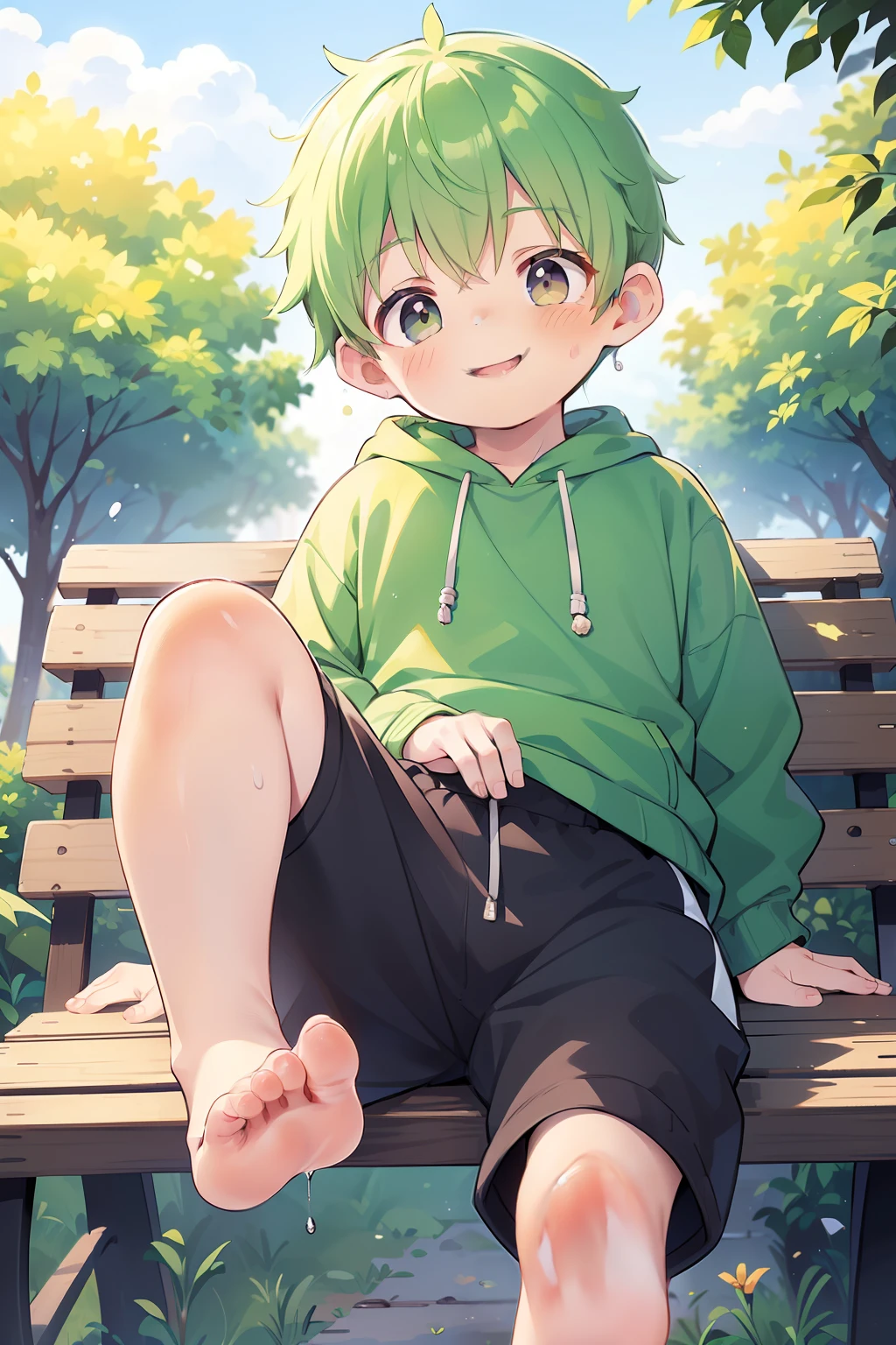 Masterpiece, chubby Little boy with green hair and shiny bright orange colored eyes and wearing a hoodie, and oversized sweatpants sitting on a bench in a park showing his foot, young, boy, child, small, toddler, (sweatpants:1.4), (Boy:1.5), (Shota:1.6), (Young:1.4), (Male:1.6), (smiling:1.4), (foot:1.6), (shy:1.4), (blushing:1.0), (shorthair:1.7)
