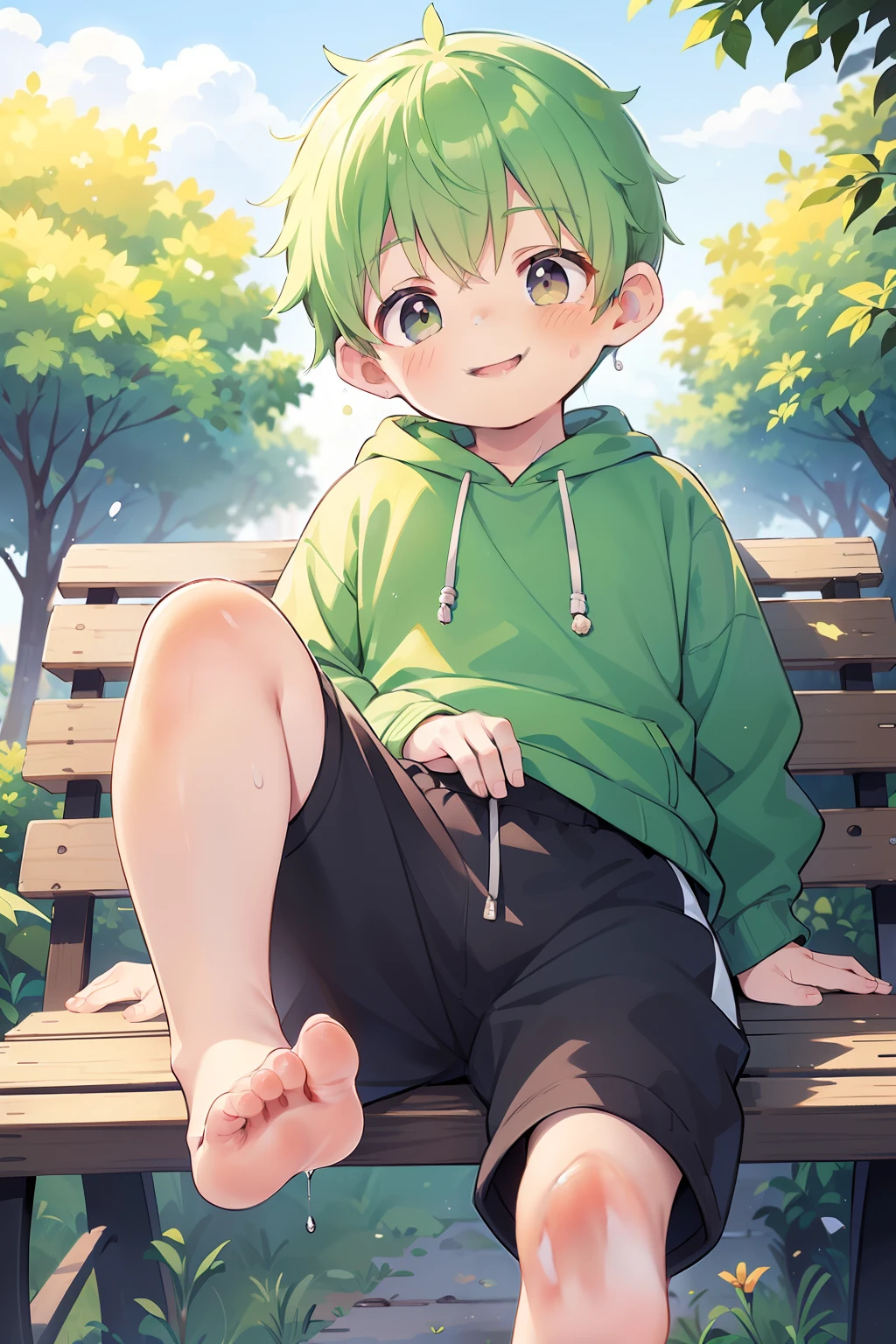 Meisterwerk, dicklich mit grünen Haaren und glänzend hellorangen Augen und einem Hoodie, and oversized Jogginghose sitting on a bench in a park showing his Fuß, jung, Junge, Kind, Klein, Kleinkind, (Jogginghose:1.4), (Junge:1.5), (Shota:1.6), (jung:1.4), (männlich:1.6), (lächelnd:1.4), (Fuß:1.6), (schüchtern:1.4), (Erröten:1.0), (Kurzes Haar:1.7)