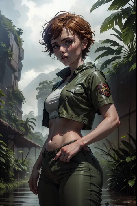 hot sophia lillis hunting alongside with a raptor next door jurassic jungle in background, rainy wet weather, soaking wet skin, ...