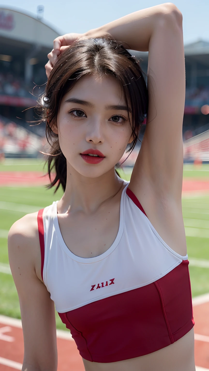 A close up of a woman in a sports bra top on a field - SeaArt AI