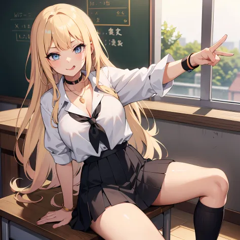 1 school girl, gyaru, blonde, a pink strand of hair, white skin, blue eyes, sticking out tongue, black knee socks, mini skirt, open legs, black  lacy panties, nose piercing, make-up, golden necklace, classroom,