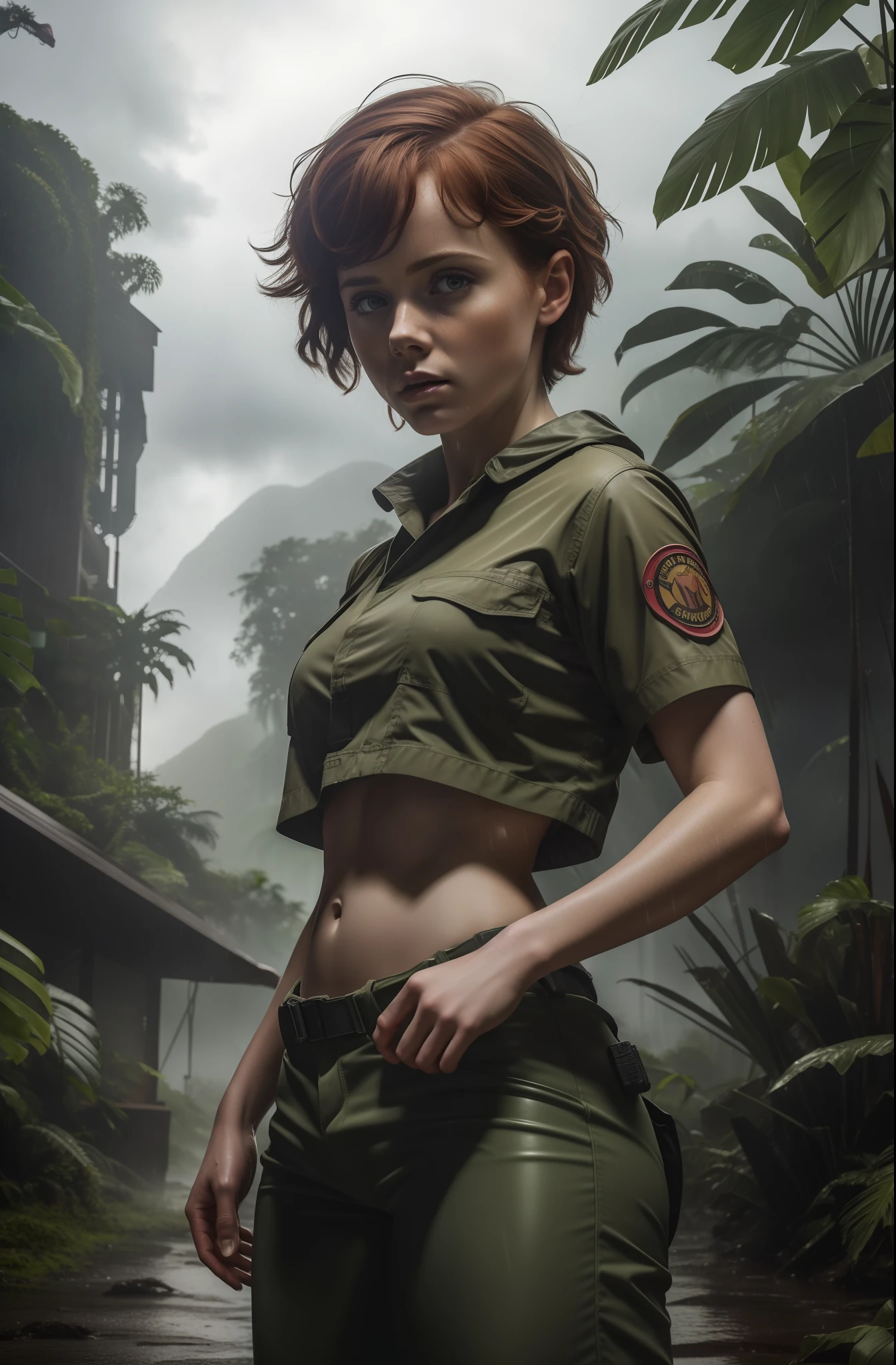 A woman in a military uniform standing in a jungle - SeaArt AI