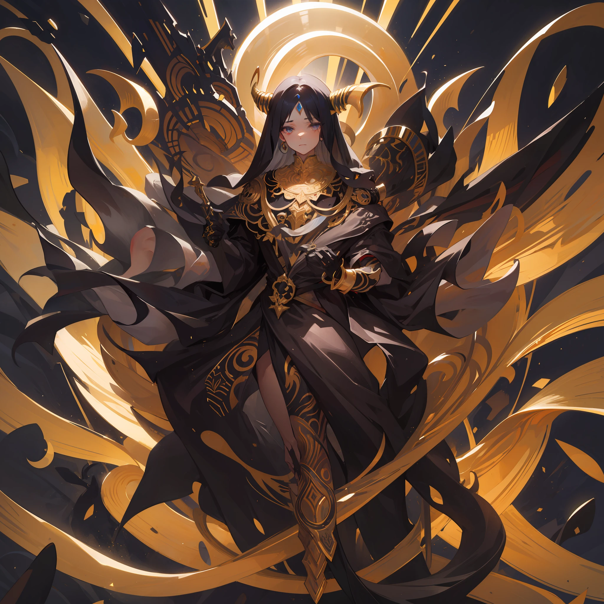 A woman in a black and gold outfit holding a sword - SeaArt AI