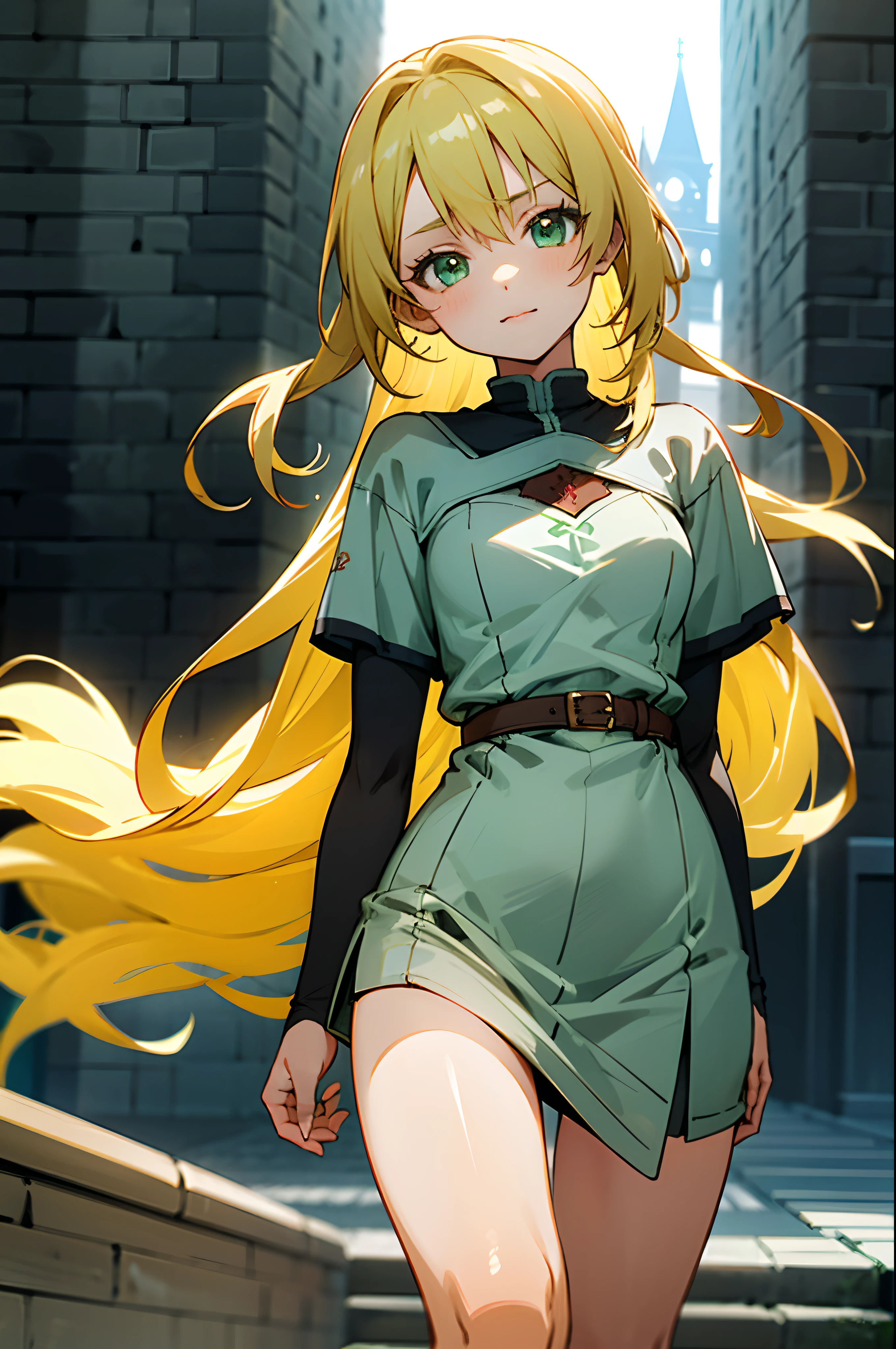 Anime fille aux cheveux longs blonds, yeux vert clair, robe médiévale jaune, tour médiévale, regarder le spectateur, journée ensoleillée, vent, ultra-tranchant, 8k, fille séduisante, corps parfait, yeux parfaits, anatomie parfaite,