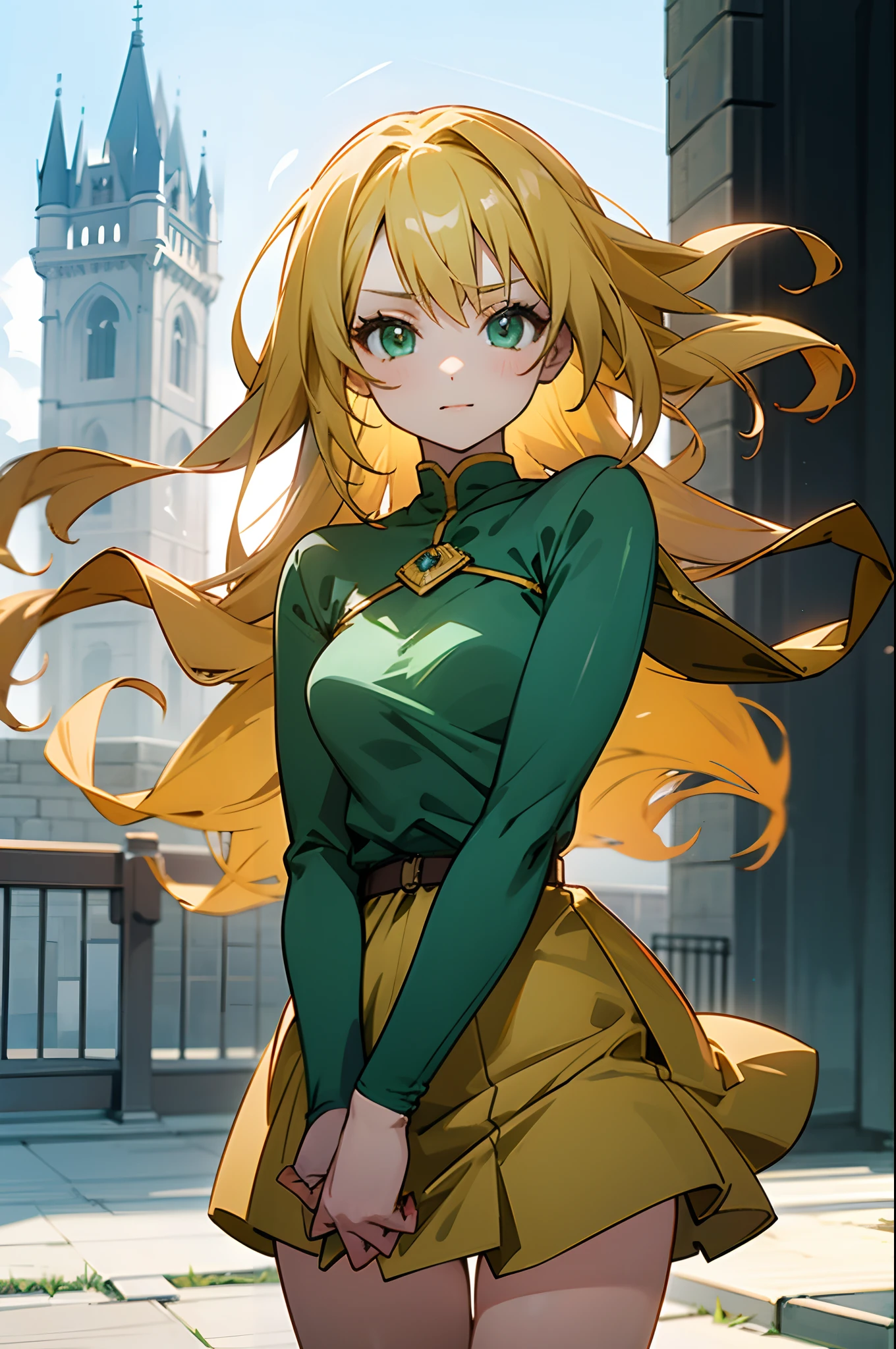 Garota de anime com cabelo loiro comprido, olhos verdes claros, vestido medieval amarelo, torre medieval, Olhando para o visualizador, dia ensolarado, Vento, ultra-afiado, 8K, garota sedutora, corpo perfeito, olhos perfeitos, anatomia perfeita,