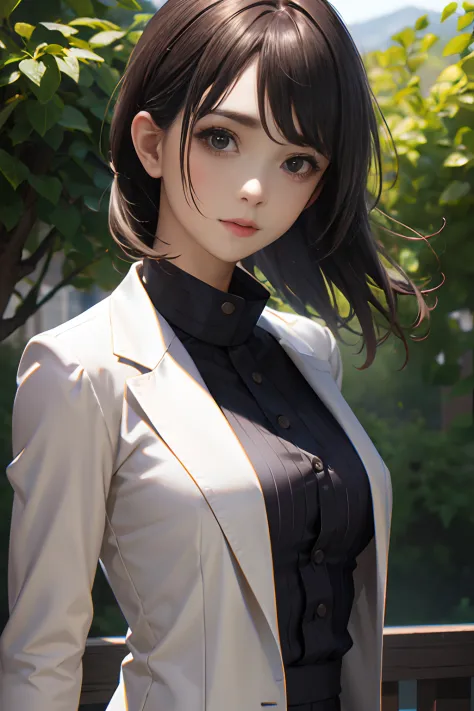 best quality,masterpiece,photorealistic,extremely detailed cg unity 8k wallpaper,1girl,suit,upper body,looking at the viewer,out...