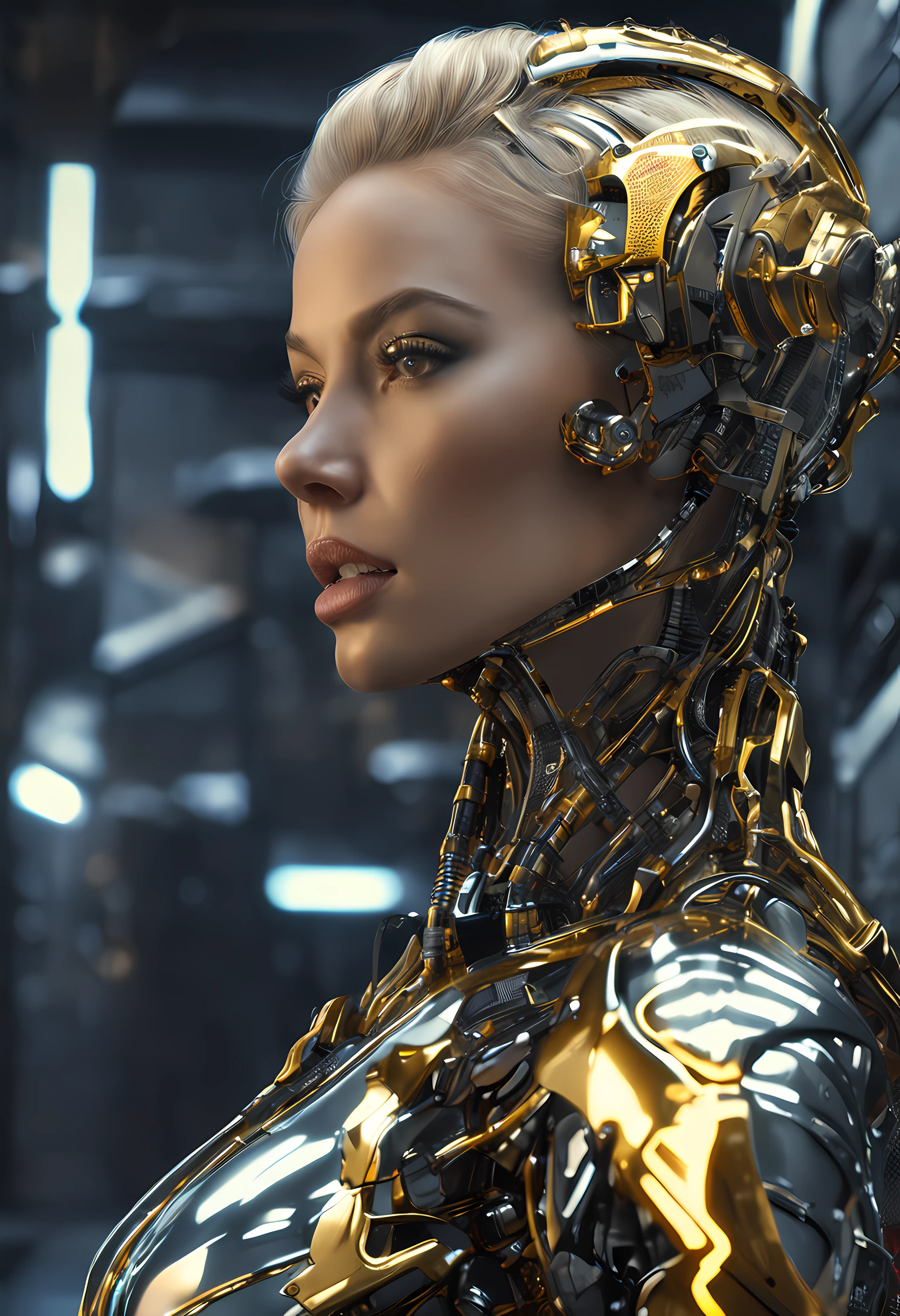 fashion shot of a beautiful woman blond super model in cybernetic suit, "yellow lips" and black, high fashion, perfect composition, beautiful detailed intricate insanely detailed octane render trending on artstation, 8 k artistic photography, photorealistic concept art, soft natural volumetric cinematic perfect light, chiaroscuro, award - winning photograph, masterpiece, oil on canvas, raphael, caravaggio, greg rutkowski, beeple, beksinski, giger, sf, intricate artwork masterpiece, ominous, matte painting movie poster, golden ratio, trending on cgsociety, intricate, epic, trending on artstation, by artgerm, h. r. giger and beksinski, highly detailed, vibrant, production cinematic character render, ultra high quality model