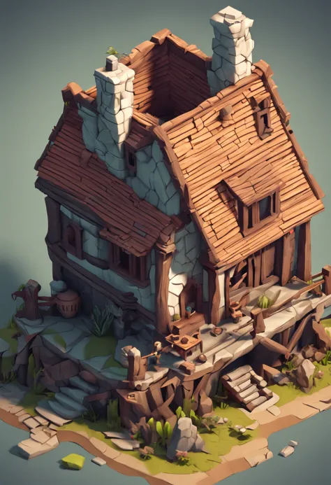 isometric house, RPG style, cartoony, DnD, fantasy, mobile game，primitive man，animal bone，stone，wood, suspended in the air