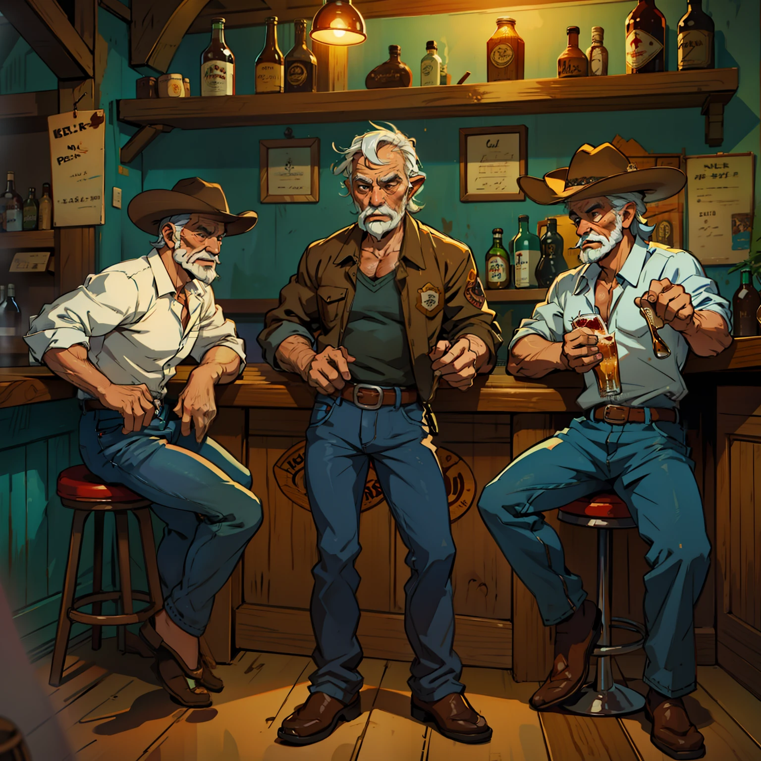 Three men sitting at a bar with a beer in their hand - SeaArt AI