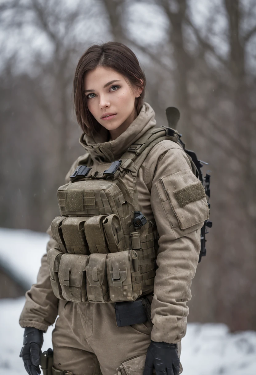 Une femme en tenue militaire debout dans la neige SeaArt AI
