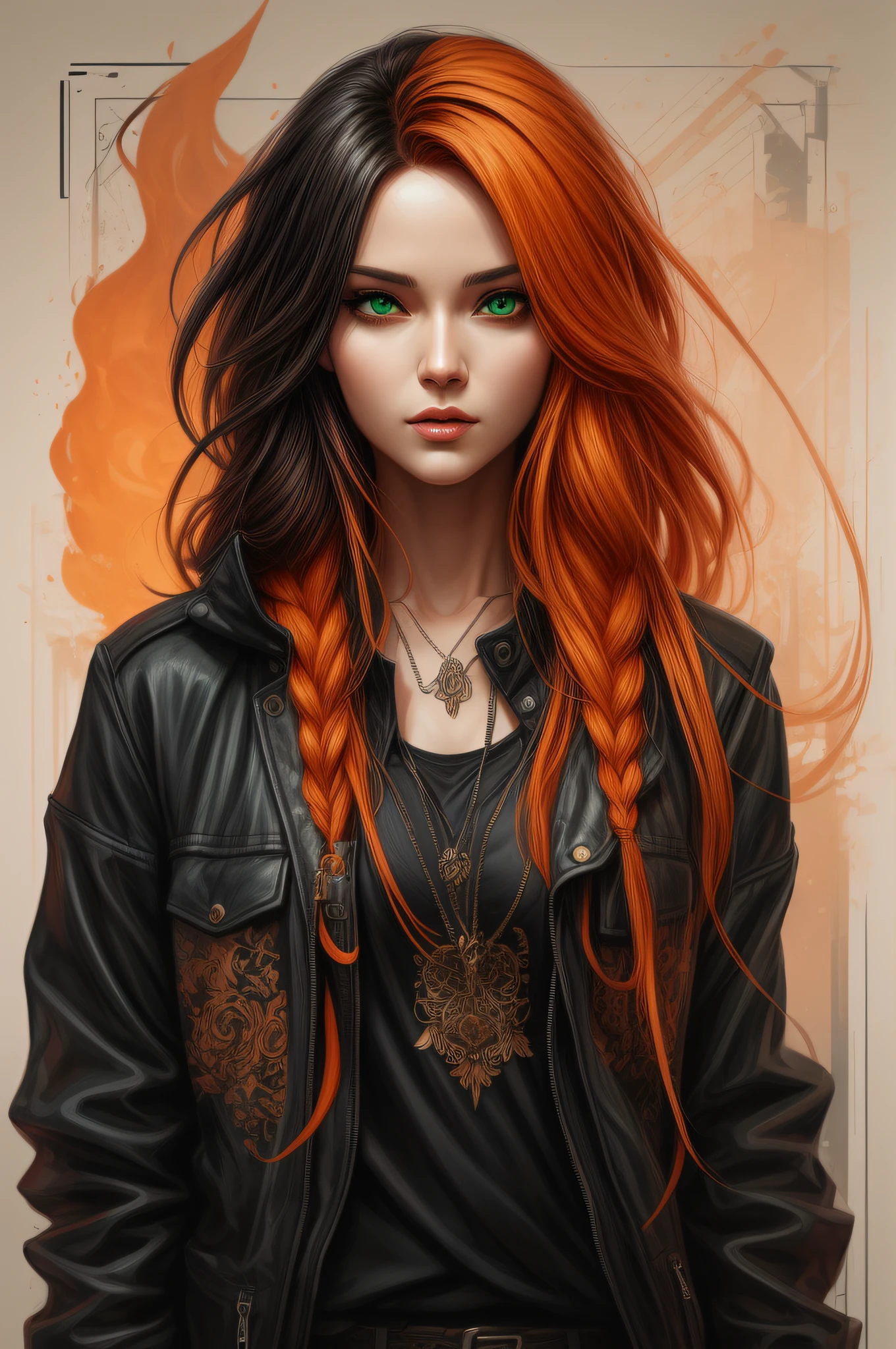 Da ist eine Frau mit orangefarbenen Haaren und einer schwarzen Jacke, grüne Augen, atemberaubende digitale Illustration, realistischer Kunststil, stilisiertes Urban-Fantasy-Kunstwerk, Orange- und Schwarztöne, schöne digitale Illustration, artwork in the style of guweiz, realism artstyle, detailliertes Charakterportrait, deviantart artstation cgscosiety, cgsociety Porträt, orangefarbene Haut und langes feuriges Haar, wunderschöne digitale Malerei