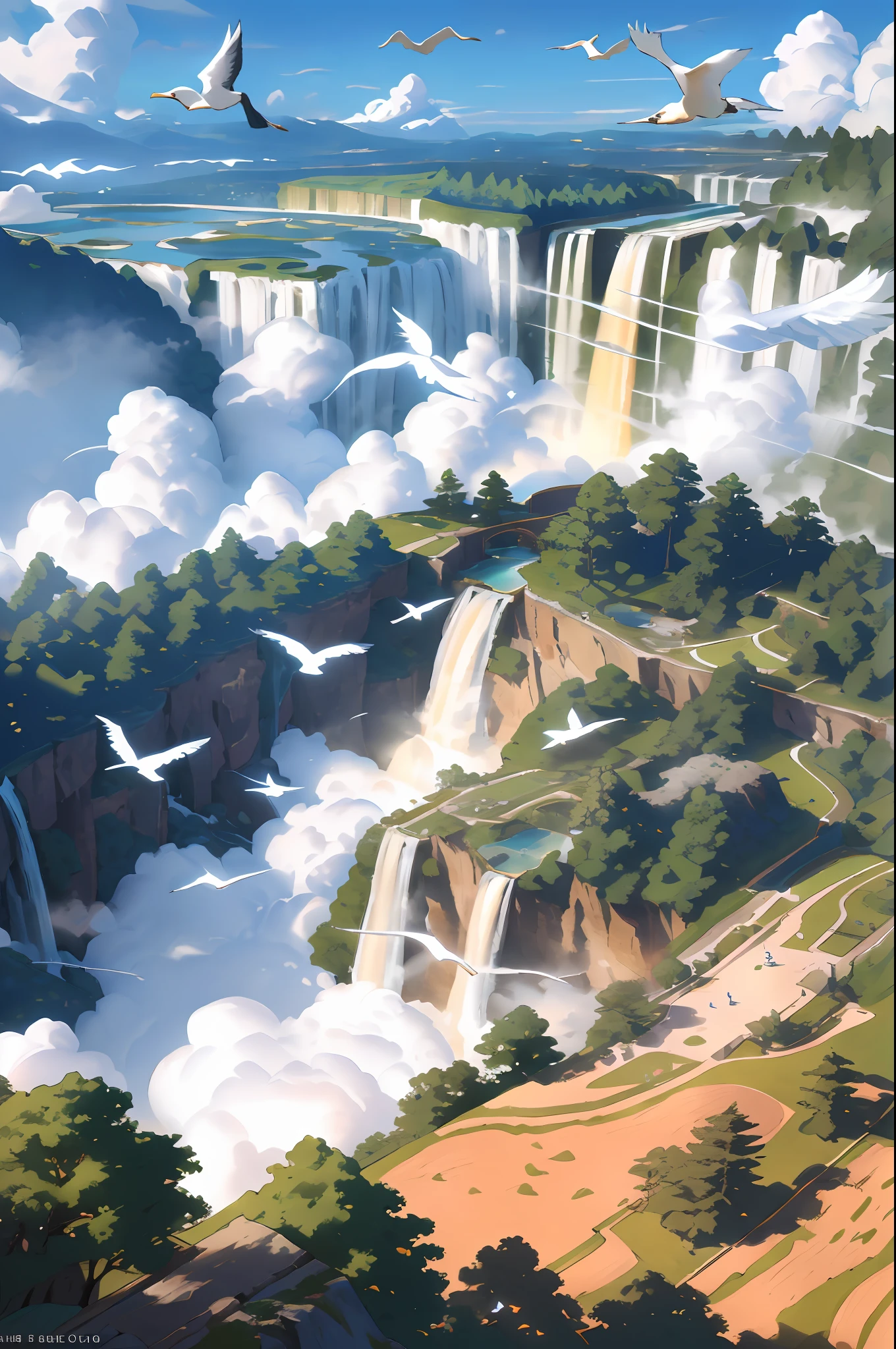 Flying on the cliff, above the very high waterfall, look down on the fluctuating pond, high sunlight, blue sky, white cloud, birds, forest, trees, 8K, masterpiece, best quality, high resolution, extremely full detailed