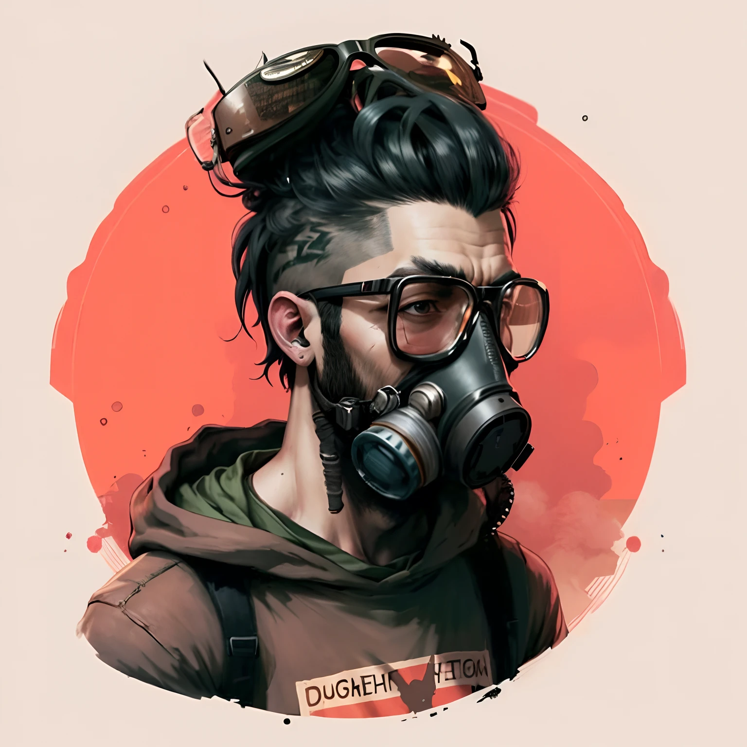 ein Mann mit einer Gasmaske und einer Brille im Gesicht, - Illustrationsstil, pai hipster, epische Porträtillustration, eine Gasmaske tragen, Die Haare waren zu einem Knoten zusammengebunden und auf der Bluse standen Wikinger-Gemälde