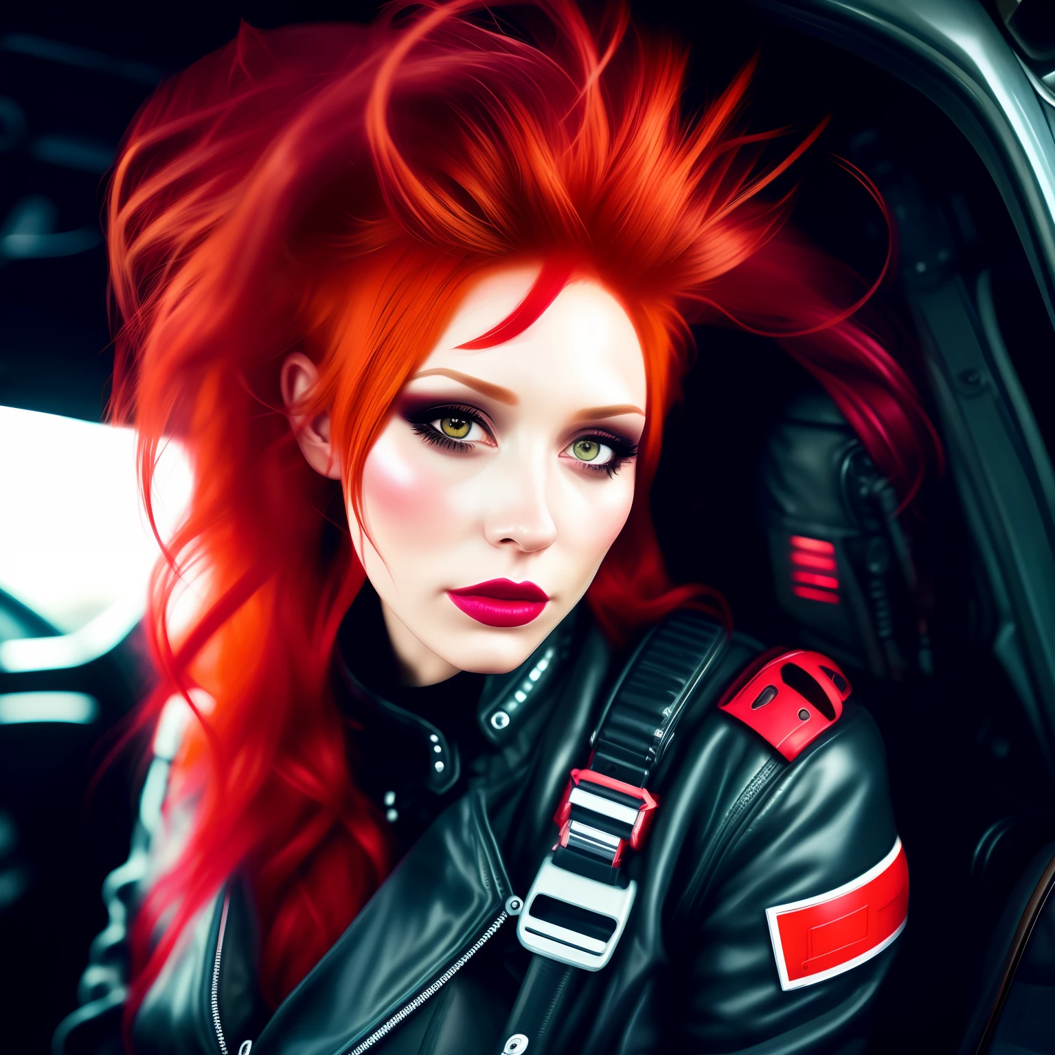 photo,  a woman with red hair in Moto (RedHairedPilot style:1)