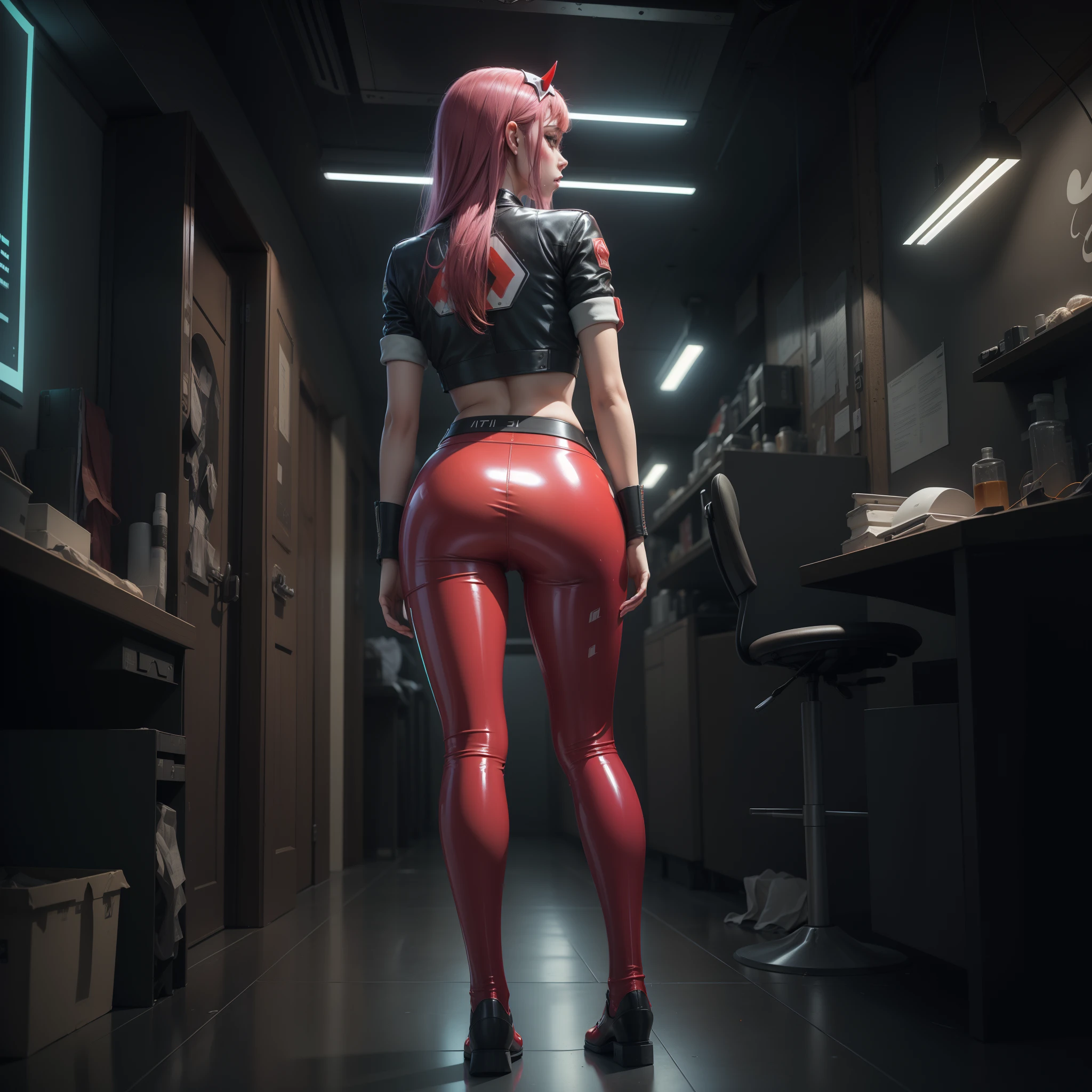 1 girl, View from behind, ((Zero Two Darling in the Franxx)), (((Red latex pants))), we see her, She's picking something up from the ground., perfect, She opens her, naked,, ((The light comes from below) ), ((Lighting comes from the ground)), ((pink hair)), ((blue-eyed)), ((The best quality)), ((Masterpiece)), ( Highly detailed:1.3), ........................3D, beautiful, (Cyberpunk:1.3) (())) ((very short skirt)) ( ( perfect)) ((vista)) (((Pantyhouse puro))), real life, HDR (High Dymanic Range), ray tracing, NVIDIA RTX, super resolution, Unreal 5, Subsoil Scatter, PBR Textures, Post processing, Anisotropic filtering, depth of field, High sharpness and sharpness, Multilayer textures, Albedo and specular mapping, Surface shading, Precise simulation of light-material interactions, perfect proportions, octane rendering, duotone lighting, Low ISO, white balance, Ruler of thirds, wide opening, 8K RAW, high-efficiency subpixels, sub-pixel convolution, glow particles,