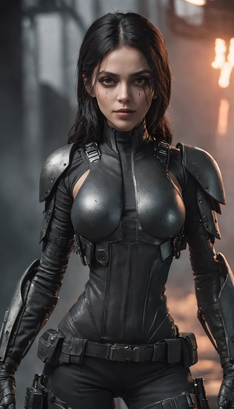 Mulher guerreira ciborgue Alita bonita em Style-RustMagic, The Rise of Cyberpunk, Ciberware, droid, fibras de carbono, cromar, Implantes, metal skull, Cybernetic plate armor, (atmosfera escura:1.2), (Entregue & smoke billowing), (nigth:1.3), As cicatrizes, (Messy medium-long black hair:1.1), (sombras para os olhos:1.1), (Brilho lindamente detalhado:1.2), (Cinematic lighting), detalhes intrincados, A high resolution, olhos arredondados, detailed facial features, foco nítido, Liso, aesthetic, Detailed dark industrial factory background, posando elegantemente, dynamicposes, (dramapaint)