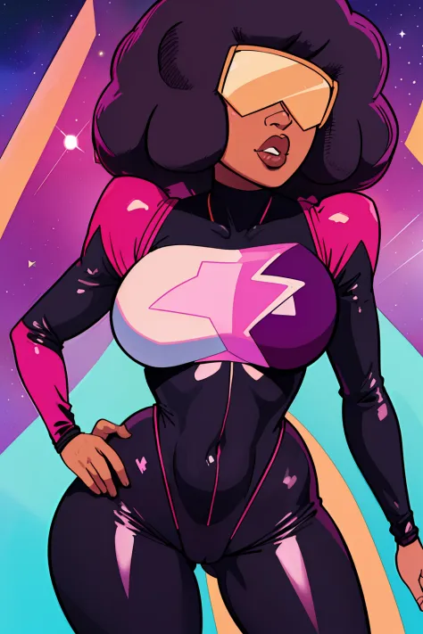Garnet, blocky hair, retro shades, navel , standing, close up,  hips,  cowboy shot,  ass, cameltoe, GaSuit, cropped chest plate with star, black and pink  bodysuit, outer space, stars, (insanely detailed, beautiful detailed face, masterpiece, best quality)
