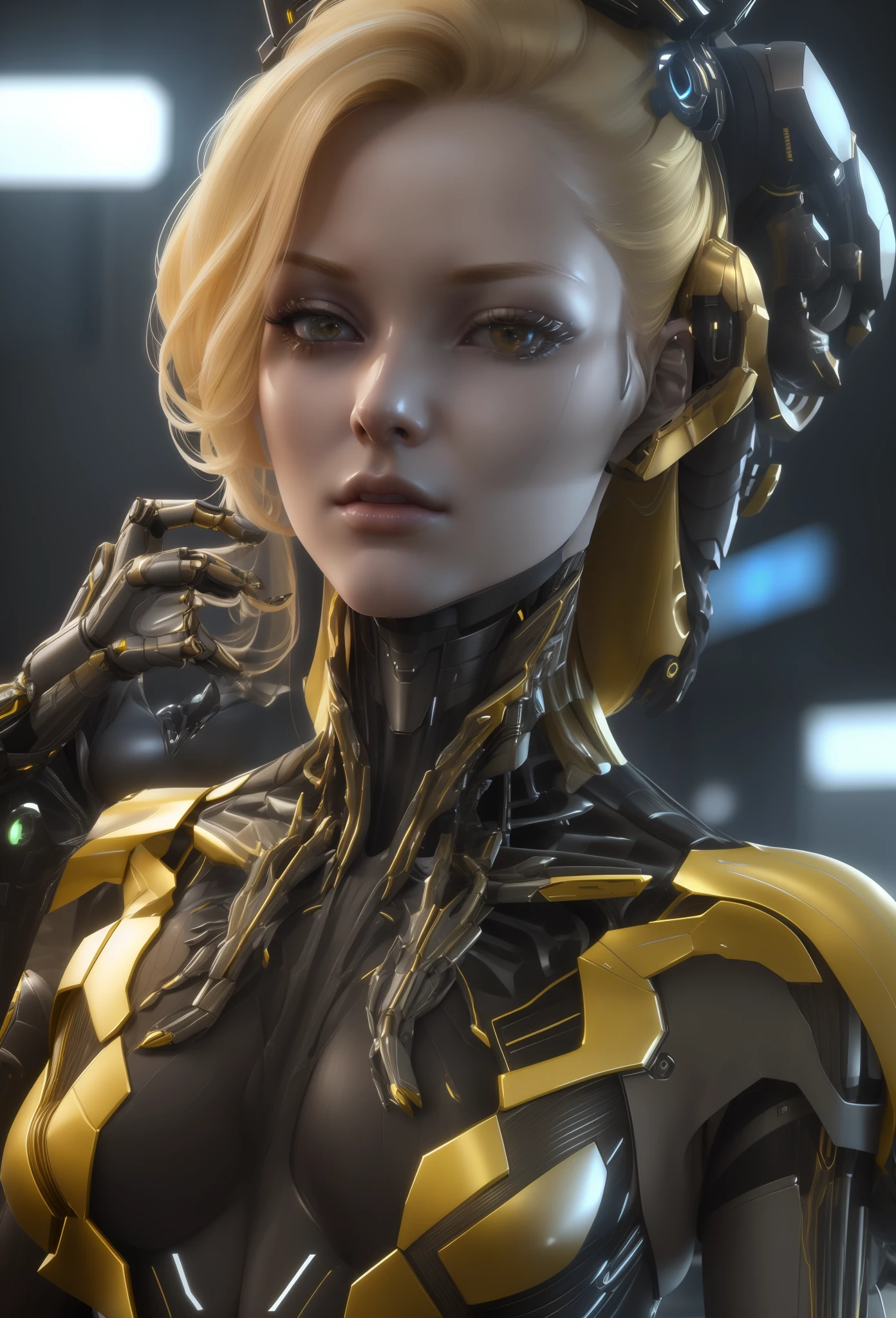 blond woman in a futuristic suit posing for a picture, cgsociety uhd 4k highly detailed, beautiful alluring female cyborg, 3 d render character art 8 k, unreal engine render + a goddess, cyborg fashion model, beautiful female android, perfect cyborg female, cyberpunk art ultrarealistic 8k, beautiful female cyborg, girl in mecha cyber armor, 8k portrait render