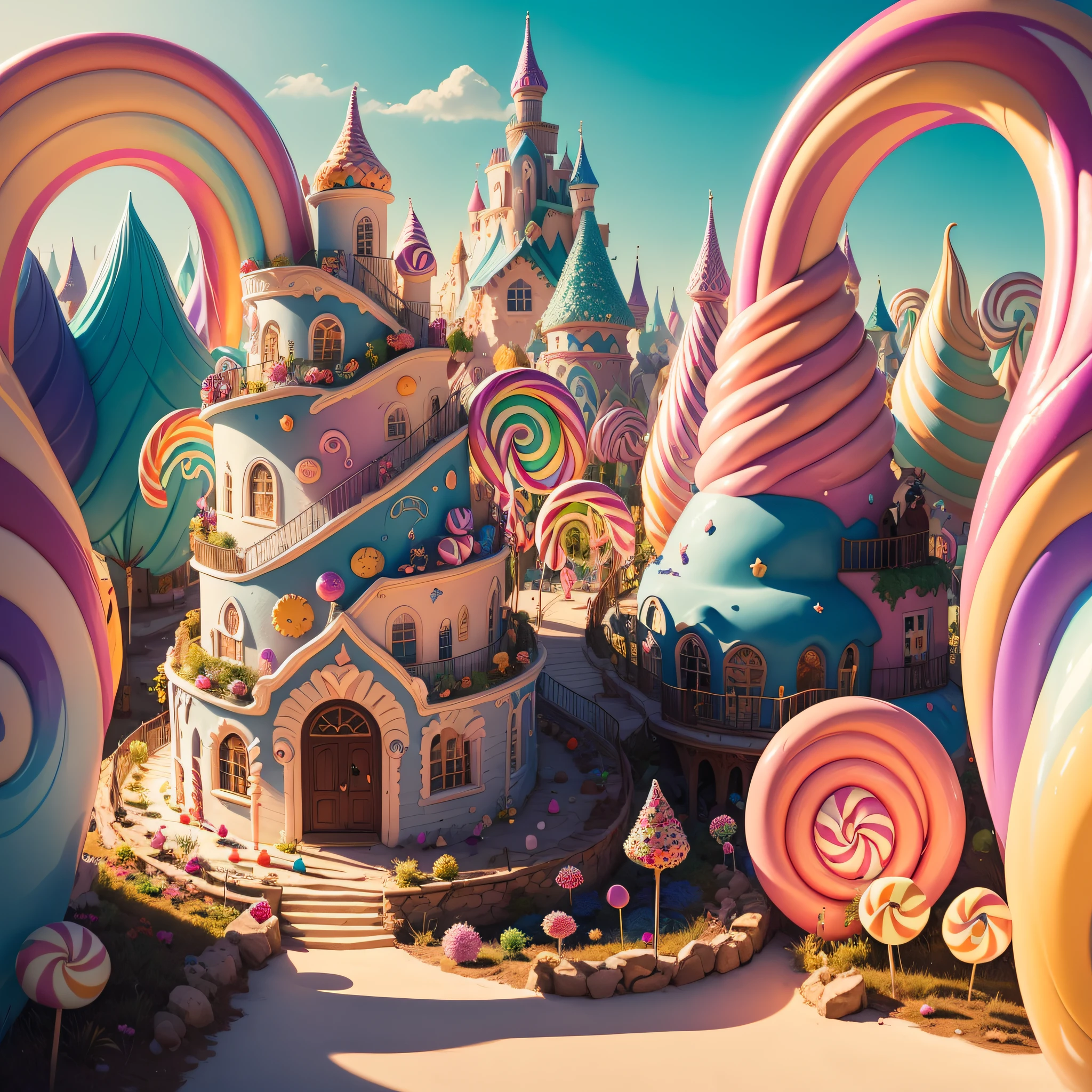 (Masterpiece, best quality:1.3), an (enchanted:1.3) (magical:1.3) (garden), fairy tales, pixar, disney, dreamworks style, surrounded by magic on a dreamlike mountain, rendered in intricate detail in a digital painting with sharp focus, inspired by fairy tales and animated movies from pixar, Disney, and dreamworks, (candyland:1.5), ice cream, no humans, fantasy, rainbow, balloon, sharp focus, (depth of field), colorful, (shiny:1.2), natural lighting, cake, candy, atmosphere, (bloom:0.4), pastel colors,