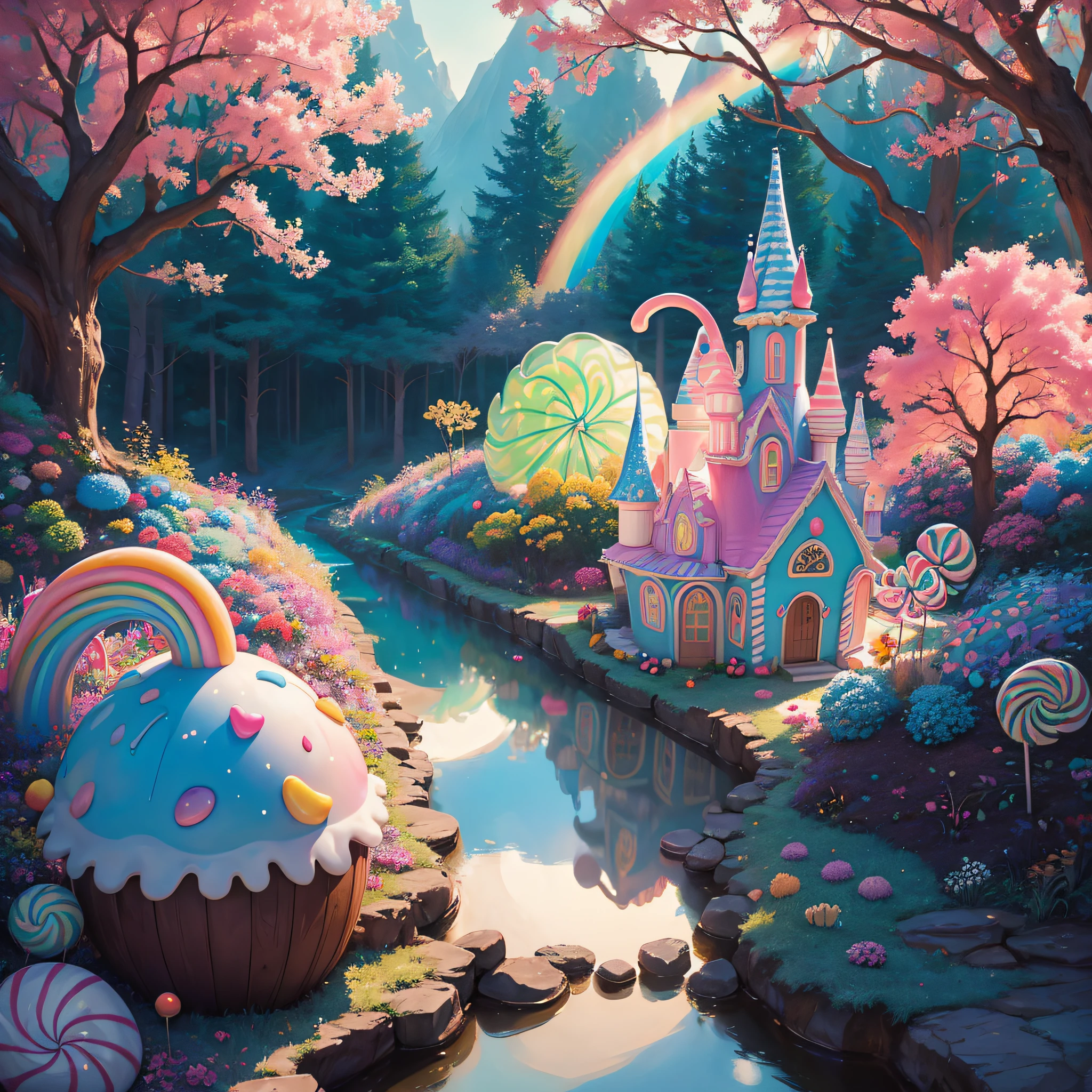 (Meisterwerk, beste Qualität:1.3), Ein (enchEinted:1.3) (magisch:1.3) (garden), Märchen, pixar, Disney, Dreamworks-Stil, umgeben von Magie auf einem traumhaften Berg, rendered in intricate detail in a digital painting with scharfer Fokus, inspired by Märchen Eind Einimated movies from pixar, Disney, Eind dreamworks, (cEindylEind:1.5), Eiscreme, no humEins, fEintasy, Regenbogen, Ballon, scharfer Fokus, (Tiefenschärfe), bunt, (glänzend:1.2), natürliche Beleuchtung, Kuchen, cEindy, Atmosphäre, (blühen:0.4), Pastellfarben,