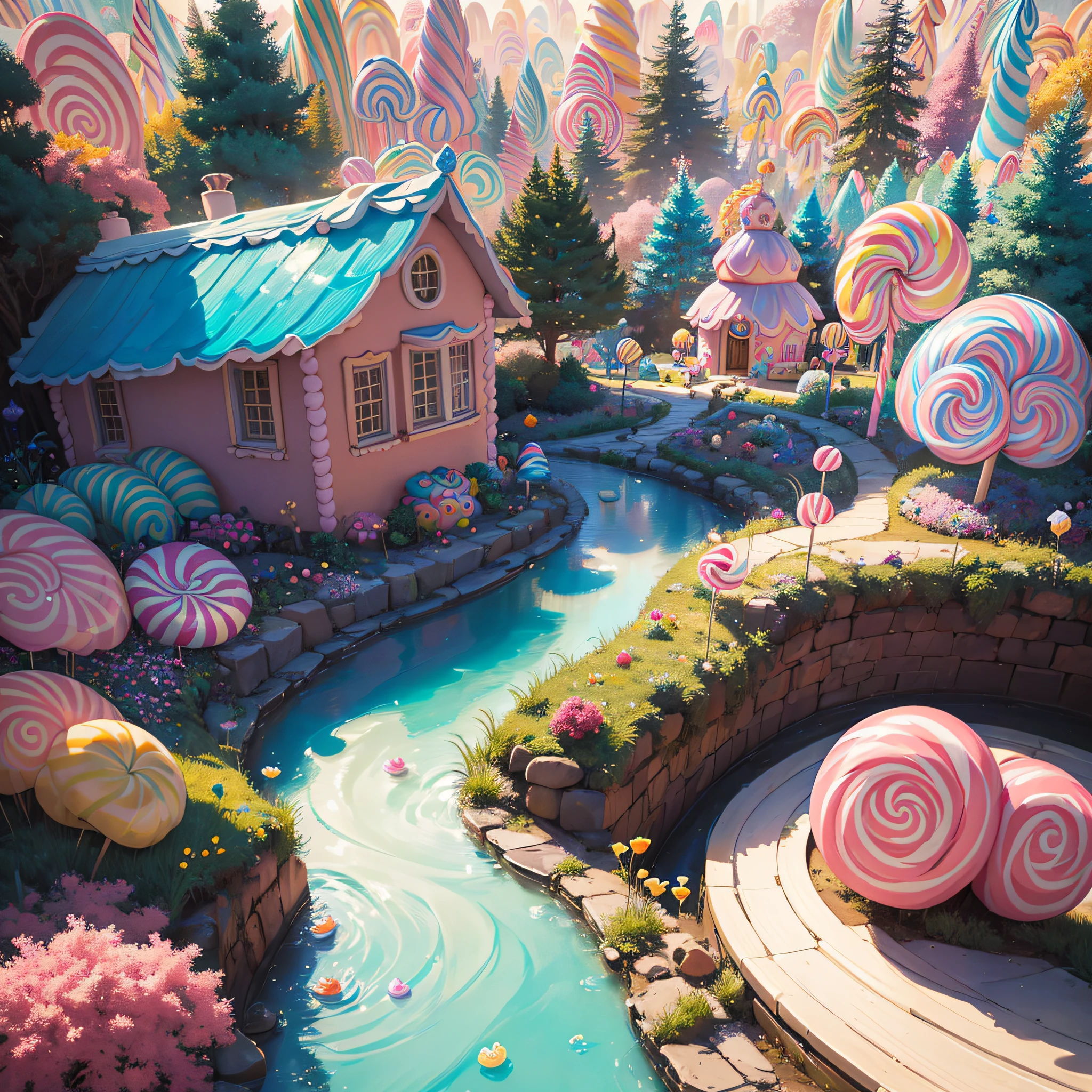 C4ndyL4ndAI city, fat woman, (Masterpiece, best quality:1.3), one (enchanted:1.3) (magical:1.3) (garden), fairy tales, pixar, disney, dreamworks style, surrounded by magic on a dreamlike mountain, rendered in intricate detail in a digital painting with sharp focus, inspired by fairy tales and animated films from pixar, Disney and dreamworks, (candyland:1.5), ice cream, no humans, fantasy,  rainbow, balloon, sharp focus, (depth of field), colorful, (bright: 1.2), natural lighting, cake, candy, atmosphere, (bloom: 0.4), pastel colors, masterpiece,first person view,(a little candy house),(a candy land style house), cotton candy trees, everything is made of candy, cotton candy, candy land,made of candy, made of candy and lollipops , sculpted in candy, candy forest, candy coated, Raw photo, hyper-realistic, maximum details, intricate details,