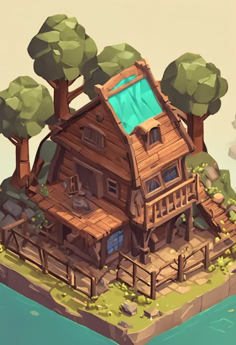 isometric house, RPG style, cartoony, DnD, fantasy, mobile game，primitive man，animal bone，stone，wood, suspended in the air