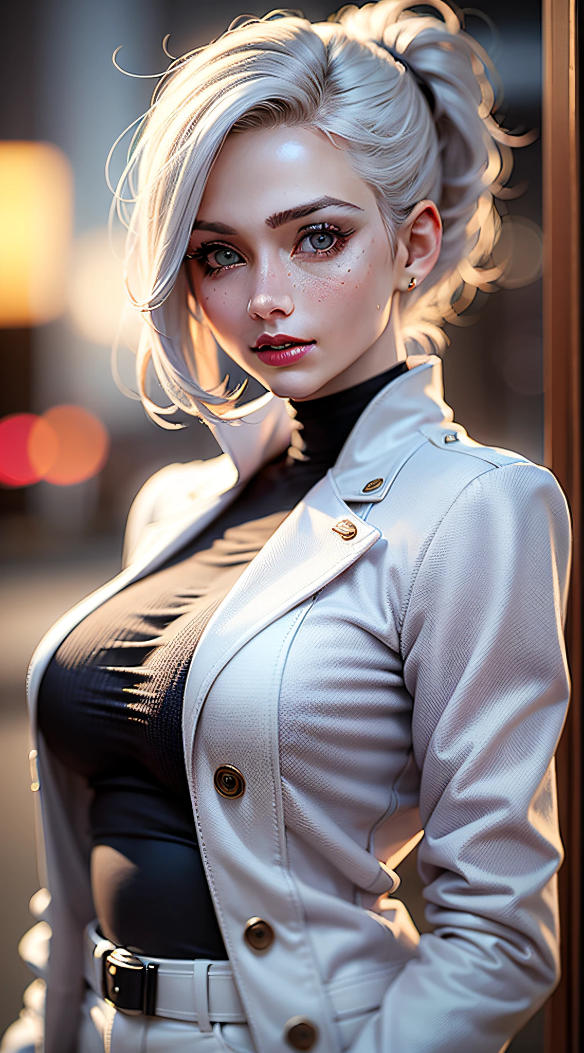 Adult woman, short white hair, high ponytail, blue eye color, White luxury jacket, pants, open breasts, blue lipstick, ssmile,  (masterpiece: 1.5) (photorealistic: 1.1) (bokeh) (best quality) (detailed skin texture hair pores: 1.1) (intricate) (8k) (HDR) (wallpaper) (cinematic lighting) (sharp focus)