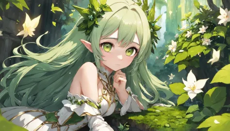 Menina anime com olhos verdes sentada em um banco com uma planta verde, garota elfa, elfo sedutor princesa cavaleiro, princesa elfa, ela tem orelhas de elfo e olhos de ouro, 8k arte detalhada de alta qualidade, menina elfa vestindo um terno de flores, retr...