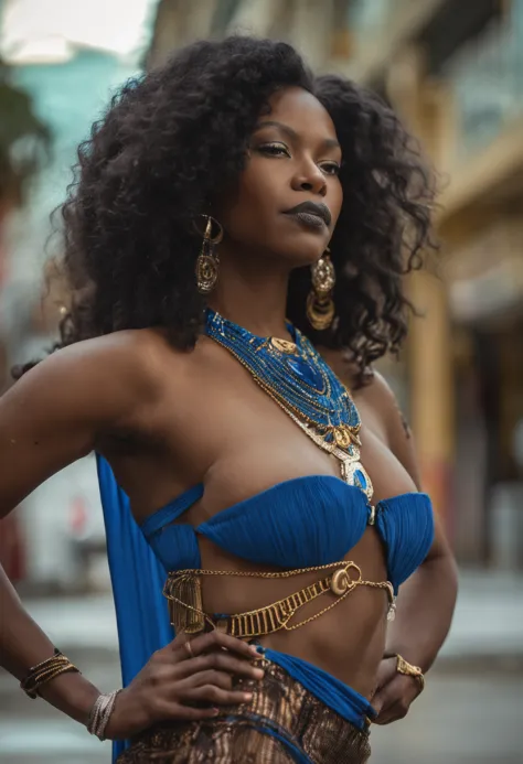 An athletic black woman with a slim waist, ample breasts, long dark, wavy  hair holding a blue hand mirror, breasts covered in blue beaded necklaces -  SeaArt AI