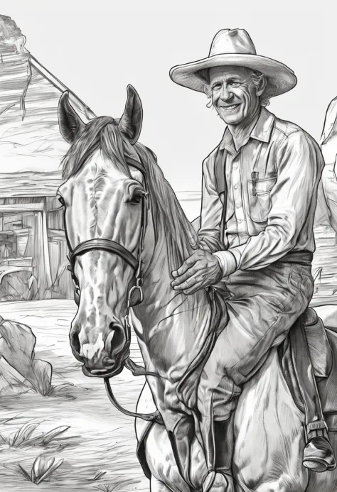 Caricature pencil man on horse, sorridente, wearing gaucho clothes, Sketch style